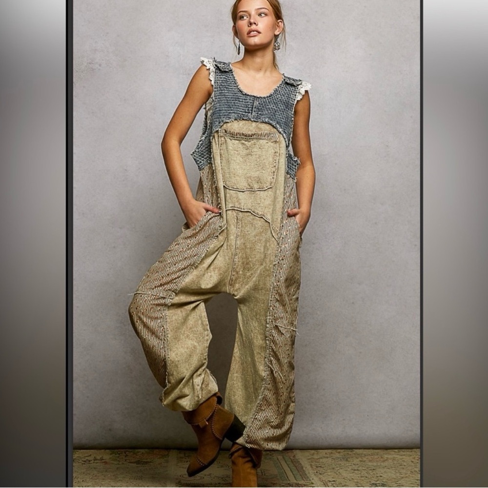 NEW - POL Tan and Denim Blue Women's Jogger Overalls